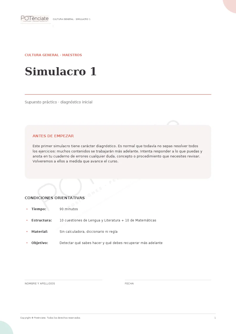 Portada del Simulacro 1: diagnóstico inicial, 90 minutos, 10 cuestiones de Lengua y Literatura y 10 de Matemáticas.
